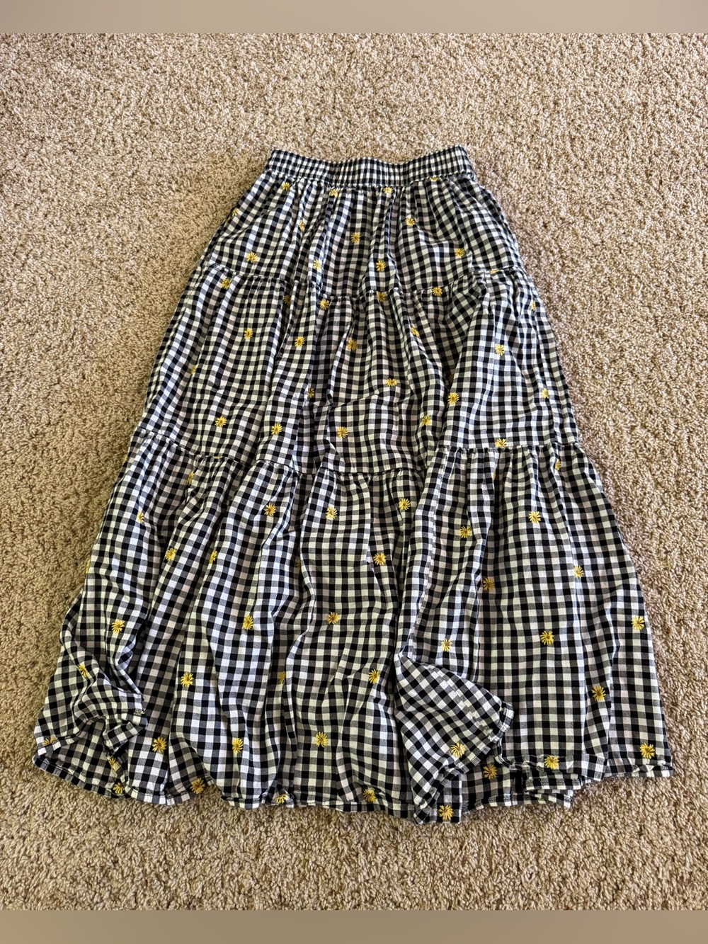 Old Navy Black and White Gingham Maxi Skirt with Yellow Floral Accents
